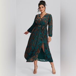 Velvet Wrap Maxi Dress Plus Size 2X NWT Teal Brown Floral Long Sleeve Dress